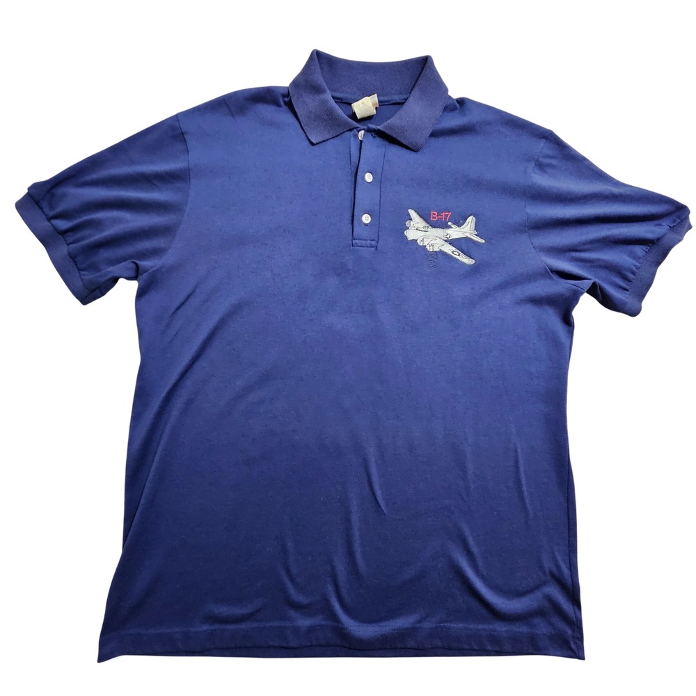 Hartwell B-17 Flying Fortress Polo Shirt Mens L Navy Blue Vintage USA Made‎
